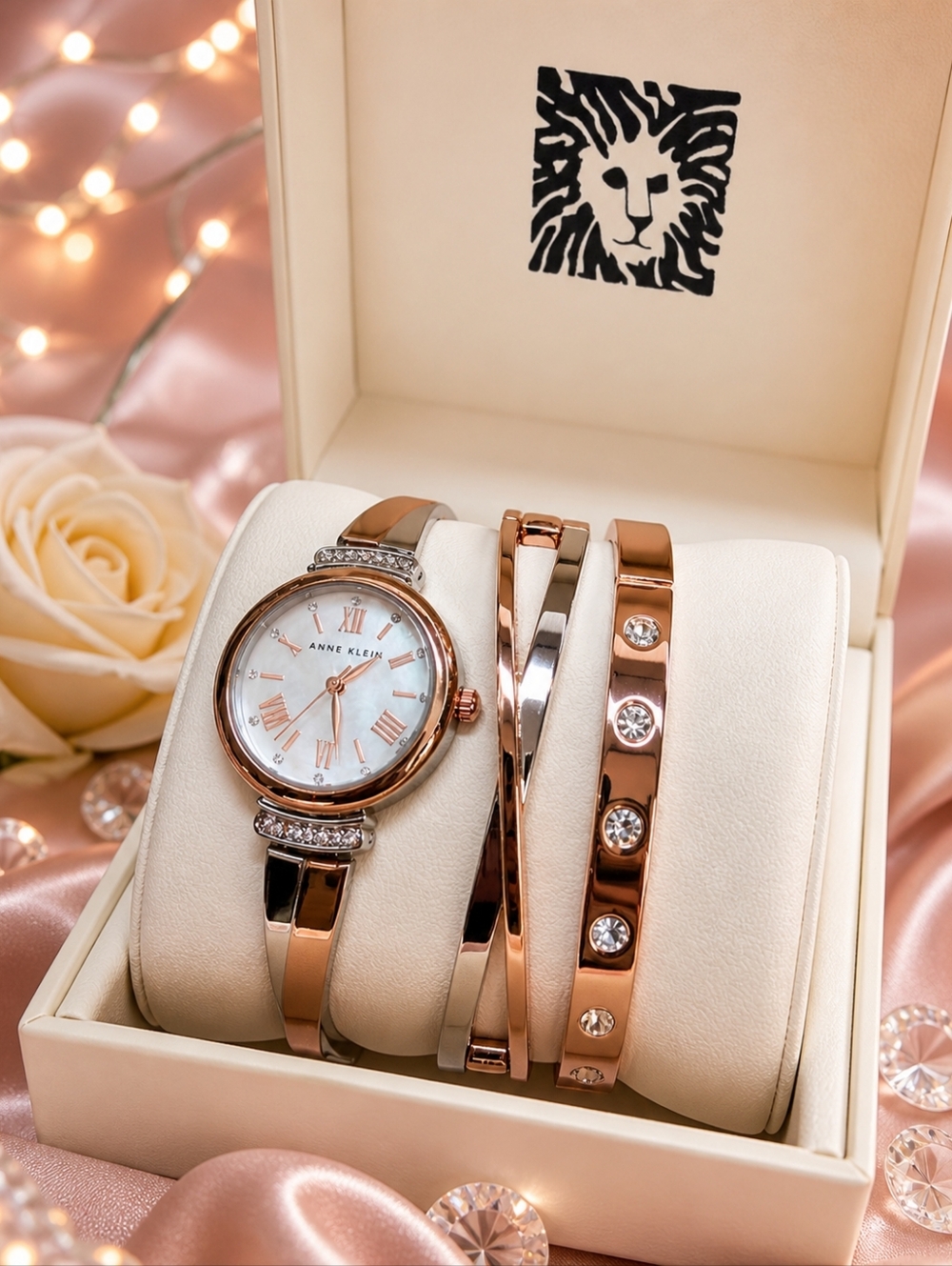 Anne Klein Rose Gold Watch & Bracelet Set Crystal Accents